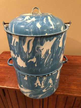 Rare Antique French Two Piece Turquoise Blue - Enamelware - Splatter Ware Cooler 5