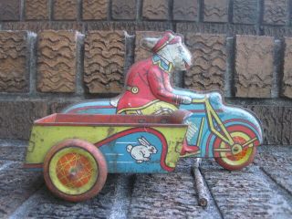 Vintage Wyandotte Toys Tin Toy Easter Bunny Delivery Motorcycle W Sidecar; Nr