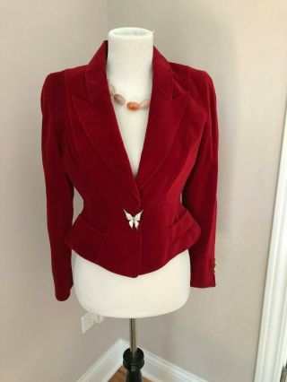 Fabulous Thierry Mugler Paris Vintage Velur Red Jacket Sz 40 Made In France