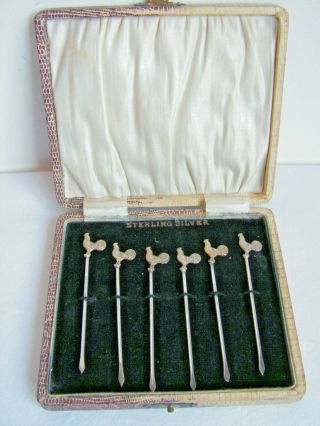 Boxed Set Of 6 Art Deco American Sterling Silver Cocktail Sticks