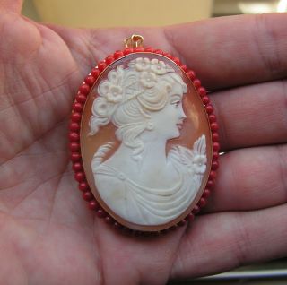 Vintage 925 Sterling Silver Hand Carved Shell Cameo Ball Coral Pendant Necklace