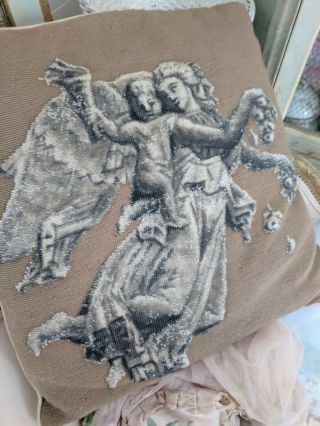 Vtg Cherub Angel Goddess Pillow Needlepoint Beaded 23 X 23