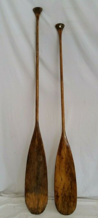 Great Vintage Pair Handmade Wood Canoe Paddles 60 " & 66 " Recent Epoxy Coat