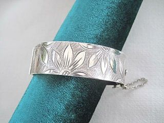 Vintage Hallmarked Silver Hinged Flower Bangle With Safety Chain C1966 45g