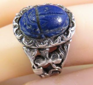 Arts Crafts Art Nouveau Sterling Ring Lapis Scarab Stone Lucky Clover Sz 5