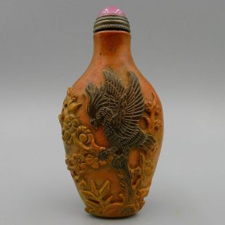 Snuff Bottle Natural Old Cinnabar Hand Relief Red Crowned Crane Eagle Sculpture