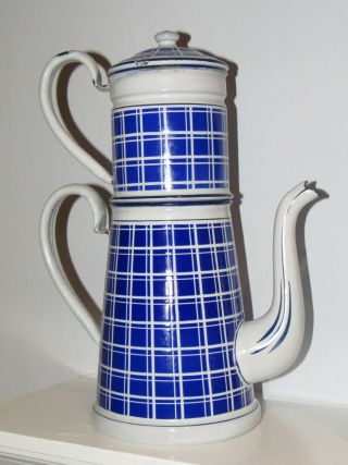 Antique Vintage French Enamel Enameled Enamelware Blue White Check Coffee Pot