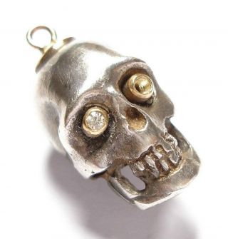 Vintage Or Antique Silver,  Gold & Diamond Skull Pendant Af