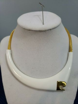 Pierre Cardin Lanvin Modernist Era Gp White Enamel Collar Necklace Rare Vintage