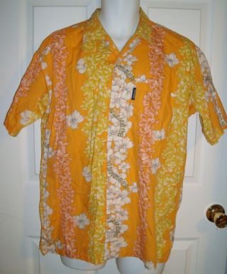 Vtg Budweiser Hawaiian Shirt Large L Short Sleeved Orange Yellow Floral Hibiscus