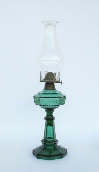 Antique Vintage Green Glass Oil Lamp With Chimney And Brass Burner (reserved)