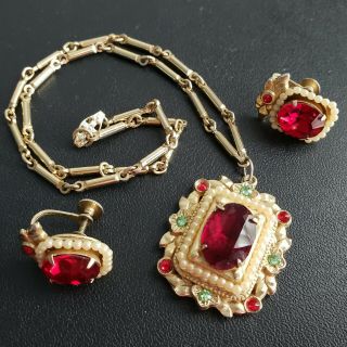 Signed Coro Vintage Ruby Red Rhinestone Seed Pearl Necklace & Earrings Set H157