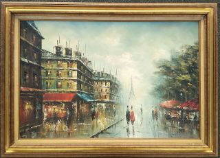 Charles Vignon Signed French Oil Painting Paris Street Scene Cityscape Vintage