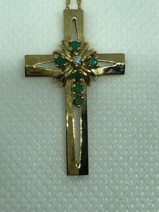 Vintage 14k Gold Cross Pendant Necklace Diamond And Emeralds 4.  6g Real Diamond