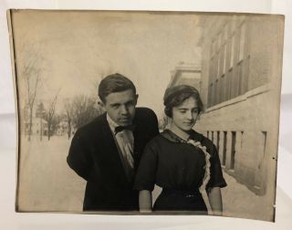 Vintage C1910s Young Love In The Snow Vernacular Portrait Photo