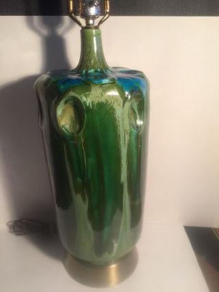 Vintage Mid Century Modern Blue - Green Drip Lava Glaze Art Pottery Lamp (heavy)