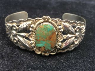 Vintage Sterling Silver Cuff Bracelet With Turquoise Oval Stone - Southwest
