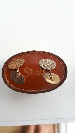 Vintage (1960s) Solid Gold Cuff Links 9ct Hallmarked & Vintage Leather Stud Box
