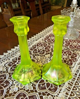 Gorgeous Pair Antique/vintage Vaseline Uranium Glass Candlesticks 8 1/2 " -