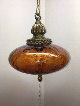Vintage Mcm Ufo Amber Crackled Glass Swag Lamp Light