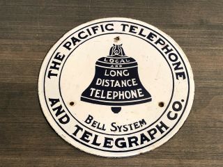 Antique Bell Round Porcelain Sign The Pacific Telephone And Telegraph Co,  8.  5 "