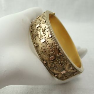 Victorian Etruscan Revival Gold Filled Ornate 6 " Hinged Bangle Bracelet 34 Grams