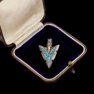 Antique Vintage Sterling Silver Native Zuni Turquoise Chip Inlay Arrow Pendant