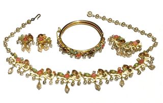 Vtg Florenza Parure Set Rhinestone Art Glass Faux Pearl Enamel Necklace Bracelet