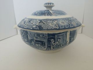 Vintage Liberty Blue Soup Tureen W/ Lid Boston Tea Party Scene Cond.