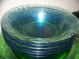 12 VINTAGE Pyrex Cobalt Blue - GREEN - - BOWLS & DINNER PLATES Glass Swirl Festiva 5