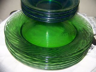12 VINTAGE Pyrex Cobalt Blue - GREEN - - BOWLS & DINNER PLATES Glass Swirl Festiva 6