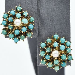 Estate 14k Yellow Gold Sea Pearl & Turquoise Cluster Stud Earrings 4.  9 Grams