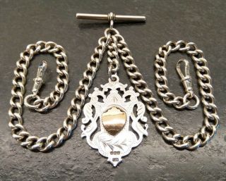 Antique Silver Curb Linked Double Albert Pocket Watch Chain & Fob.  H.  P,  1881 - 82.
