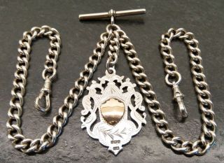 Antique Silver Curb Linked Double Albert Pocket Watch Chain & Fob.  H.  P,  1881 - 82. 2