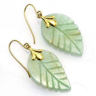 Vintage 14k Yellow Gold Green Jade Carved Leaf Dangle Earrings 3.  4 Grams