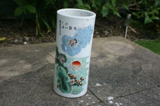 Antique Chinese Porcelain Hand Painted Picture & Writing Cylinder Vase Holder