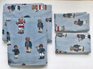 Ralph Lauren Polo Teddy Bear Full Sz Sheet Set Fitted Flat 2 Pillowcases Euc Vtg