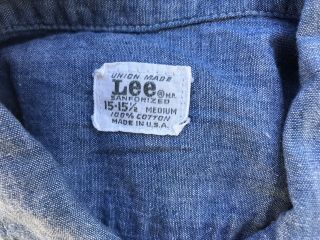 Vintage 1960’s Lee 100 Cotton Sanforized Chambray Work Shirt SELVEDGE USA Union 3