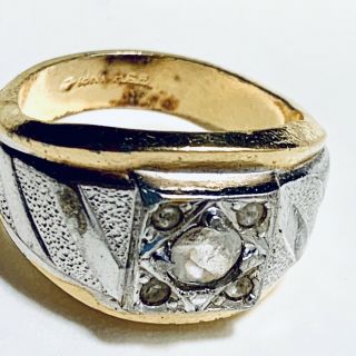 Men’s 18k Gold Plated Stamped Ring 5 Embedded Diamonds Thick Vintage Setting