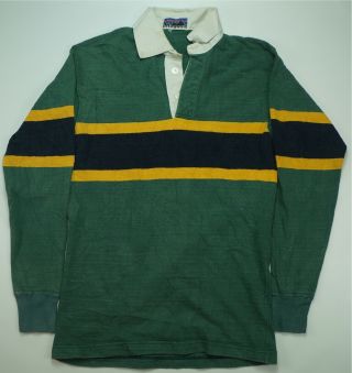 Rare Vintage Patagonia Striped Rugby Polo Shirt 80s 90s Outdoors Hiking Green