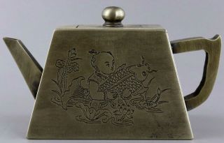 Collect Antique Tibet Silver Carve Fairchild Embrace Fish & Landscape Noble Pot 4