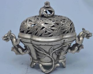 Ancient Old Miao Silver Carve Dragon Around Bamboo Royal Palance Incense Burners