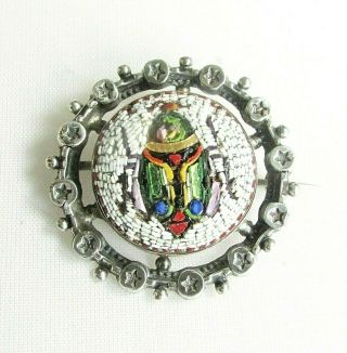 Antique Victorian Solid Silver Micro Mosaic Beetle Bug / Insect Brooch