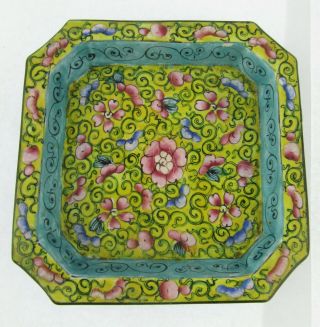 Chinese Canton Enamel Yellow Ground Pink & Blue Floral Painted Square Dish