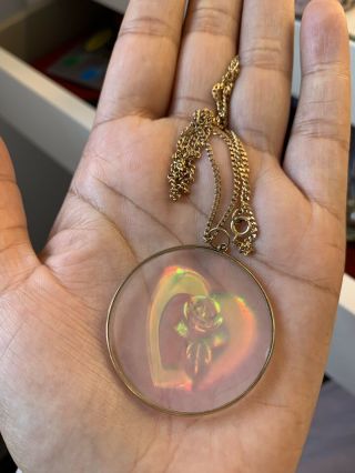 Large Vintage 80’s 9ct Gold Heart Rose Hologram Pendant & Chain Last Reduction