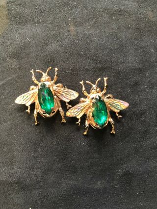 Vintage Coro Sterling Flys Green Glass Stone Painted Wings Art Deco Pins