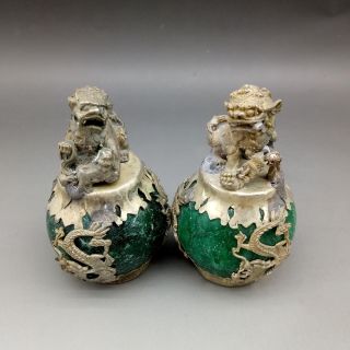 A Pair Collectable Green Jade Armor Tibetan Silver Hand - Carve Lion Statue