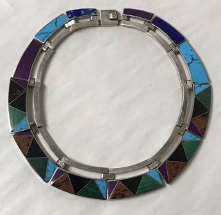 Vtg Bold Chunky Mexico Sterling Silver Panel Necklace Inlaid Mosaic Turquoise