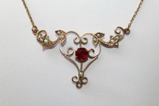 Victorian Gold Filled Ruby Paste Seed Pearl Lavalier Necklace 16 "