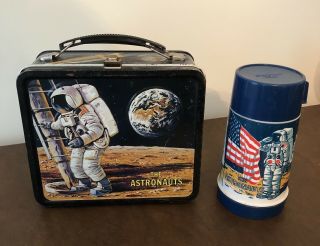 Vintage Aladdin " The Astronauts " Lunch Box 1969 Moon Landing With Thermos